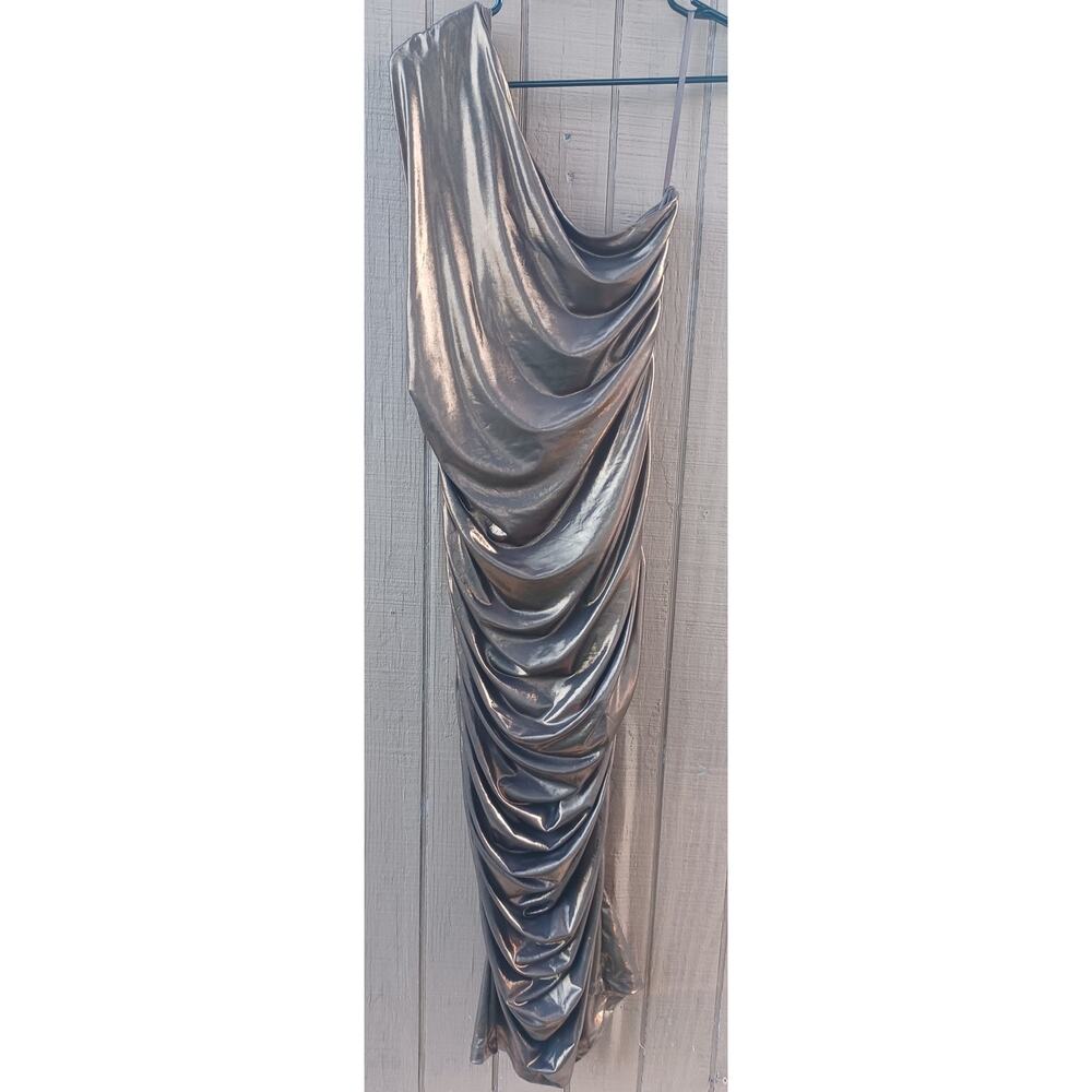 Fashion Nova Metallic Pewter Ruched One Shoulder Maxi Dress Large Y2K Glam - Picture 2 of 8